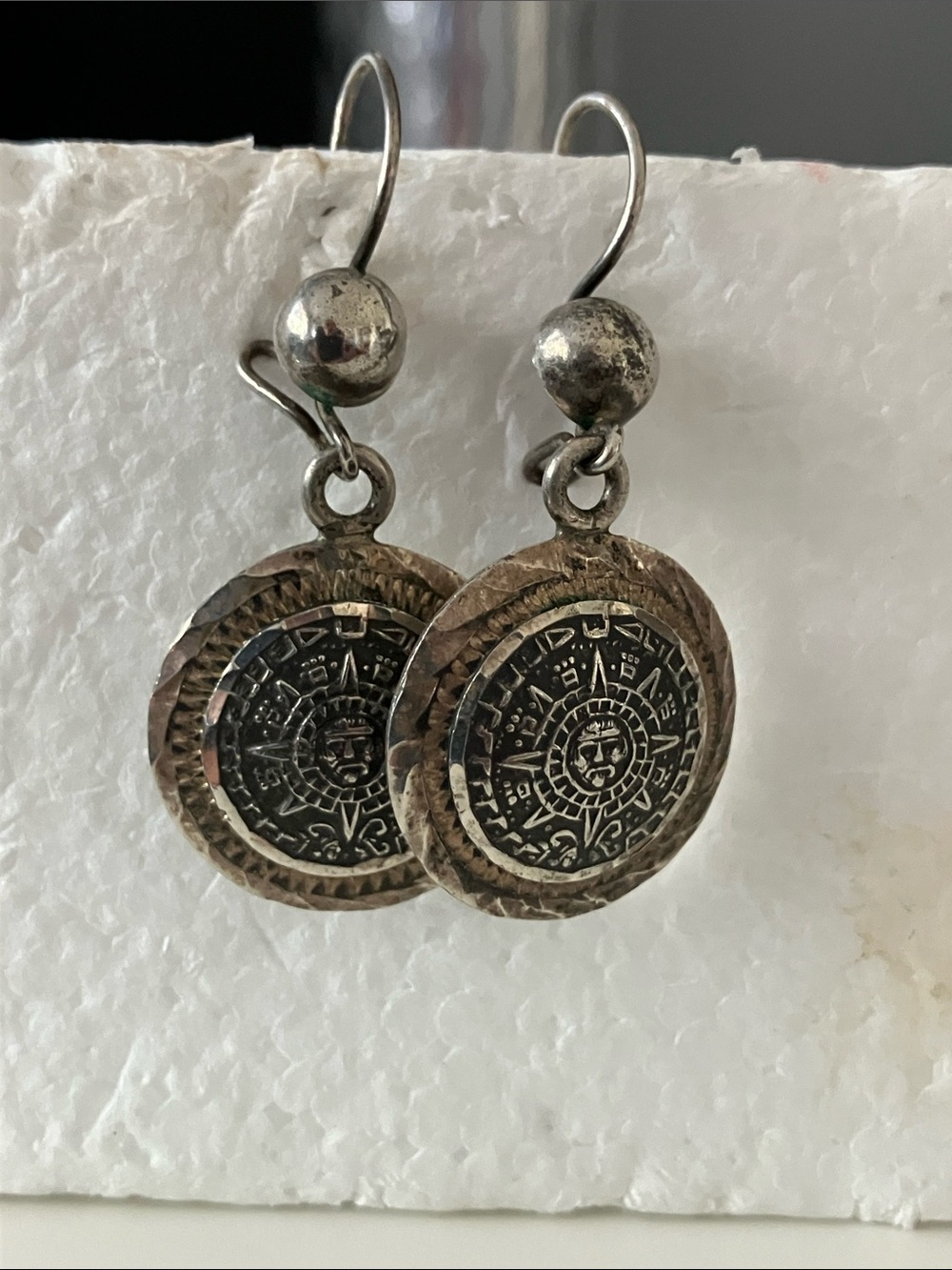 Vintage-Inspired Sterling Silver Aztec Coin Drop Earrings with Sun Motif